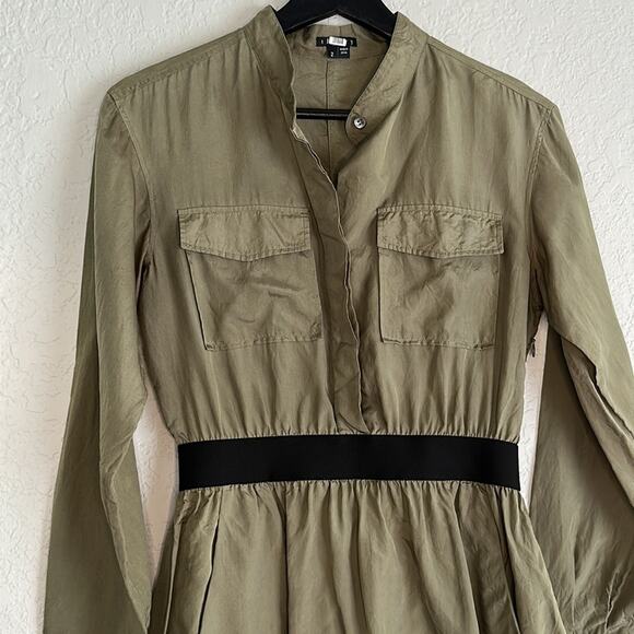 Theory Olive Green SILK Utility Shirt Dress Size 2 Preppy Button Front Mini - Picture 3 of 10
